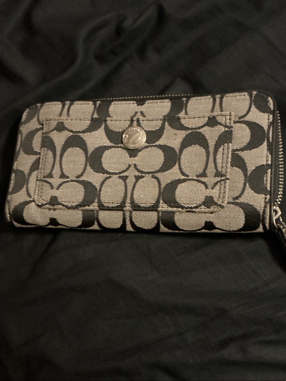 Coach Black & Tan Signature Zip Wallet with Snap Pocket